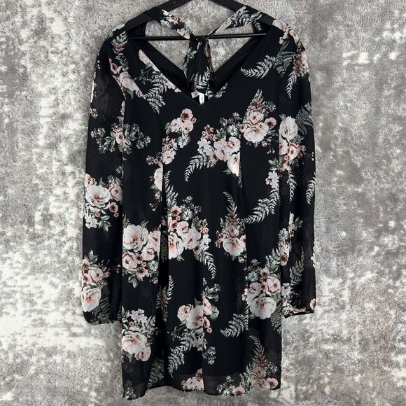 BCBGeneration Womens Size XS Floral Semi Sheer V Neck Blouse Black Pink Top - Picture 1 of 11